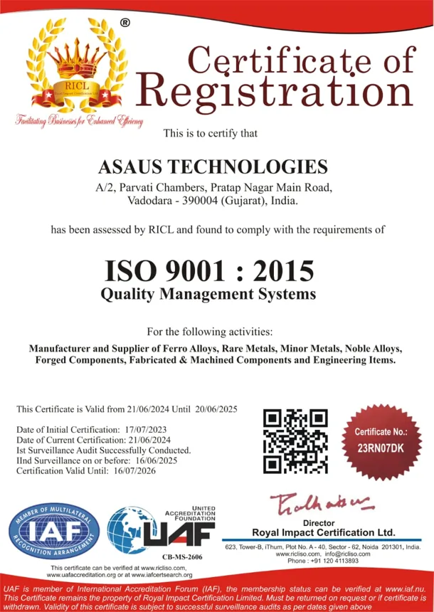 ISO 9001:2015 Quality Management Systems certificate of Asaus Technologies