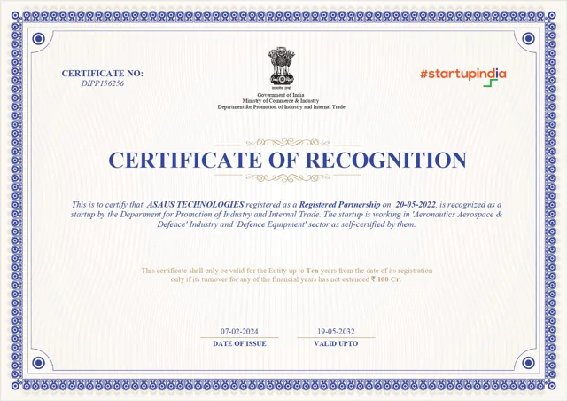 Startup India recognition certificate of Asaus Technologies